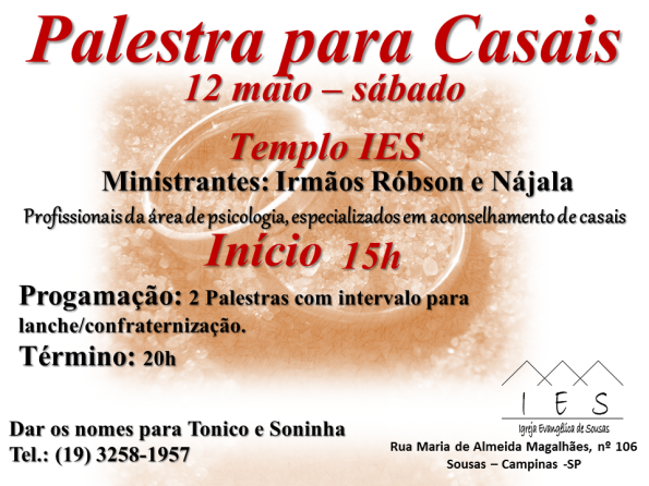 PALESTRAS PARA CASAIS - 12 DE MAIO - 15h - TEMPLO IES